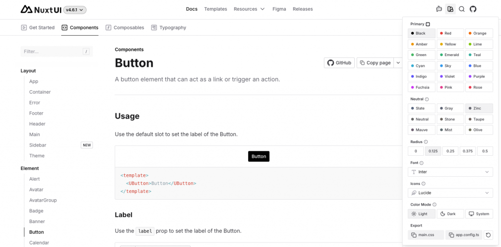Showcase of the theme configurator on the NuxtUI website